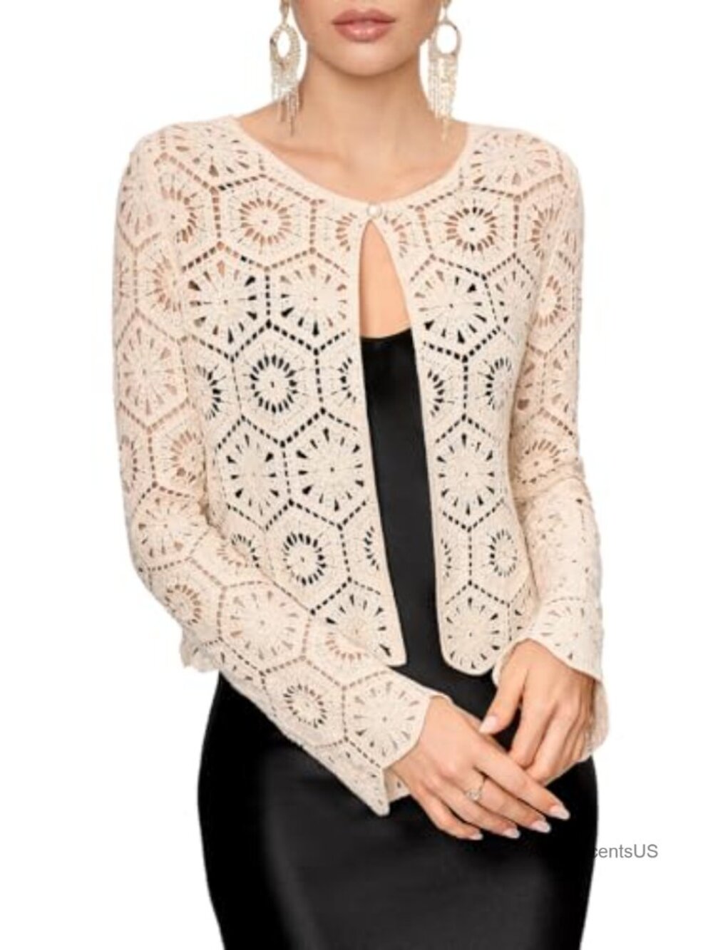 Women's Crochet Cardigan Vintage Cropped One-Button Shrug Cotton